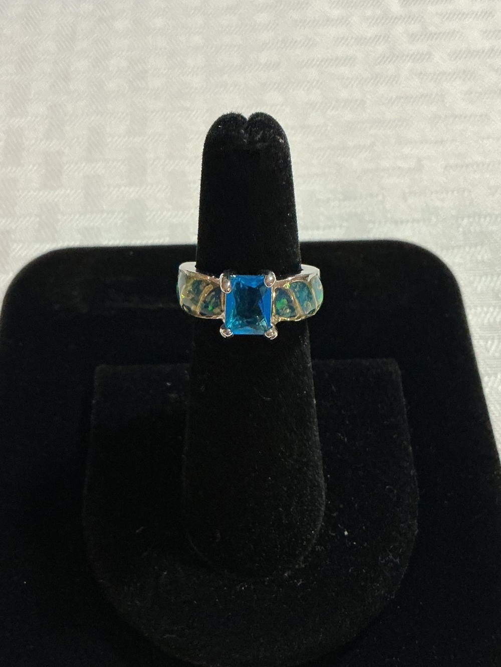 Aqua Blue Princess Cut Cubic Zirconia with Mosaic Enamel Inlay Silver Tone Ring